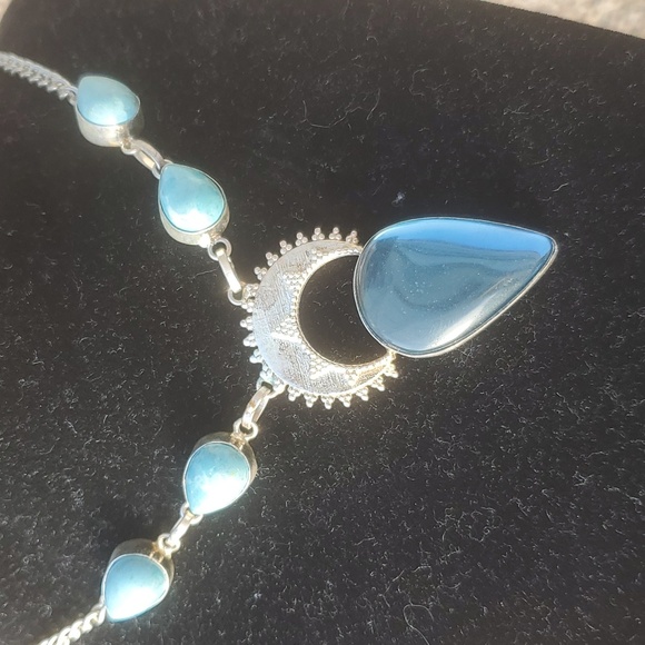 New Blue Titanium Crystal and Mosaic Jasper 925 Silver Necklace. - Picture 4 of 6